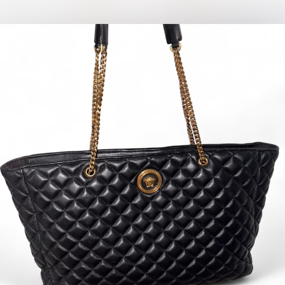 Versace Black Quilted Tote with Gold Accents